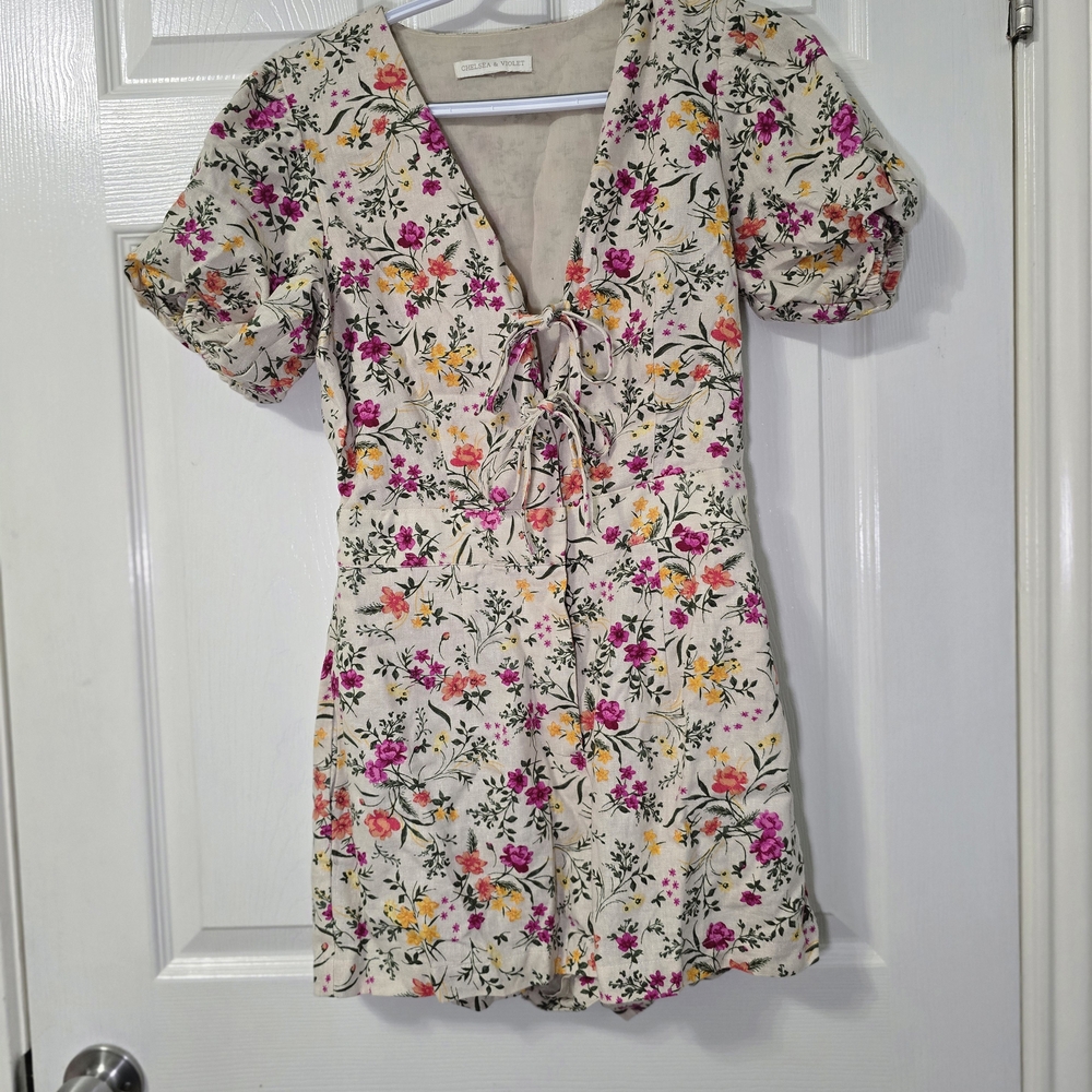 Chelsea & Violet Pink Purple Puff Sleeve Romper